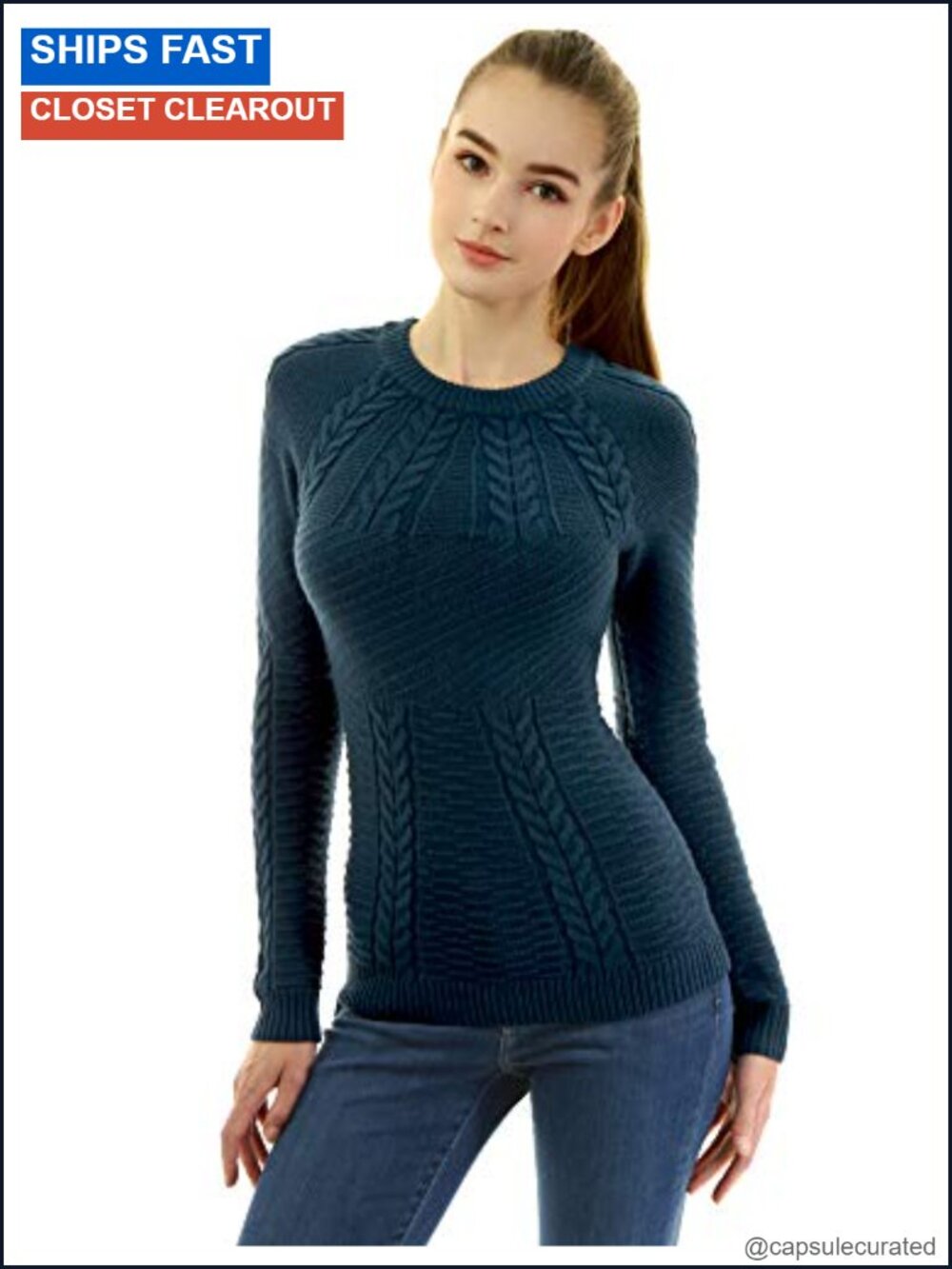 Women Crewneck Raglan Long Sleeve Cable Knit Sweater - Slim Fit